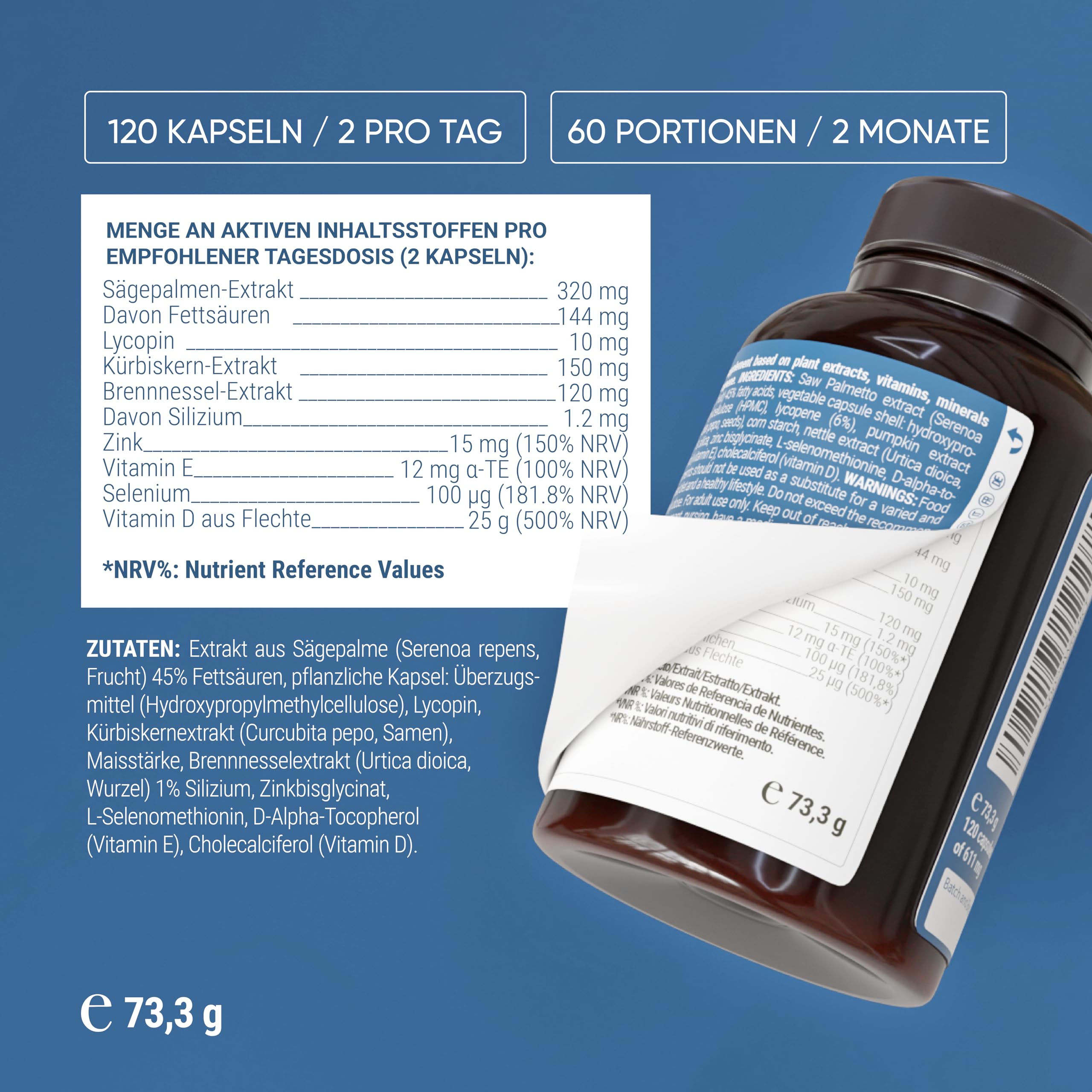 Nullure Prostata Komplex Kapseln | Unabhängig getestet | Kürbiskernextrakt + Sägepalmenextrakt + Brennnessel + Lycopin | Vegan & Ohne Zusätze | Prostate | 120 Stück 2 Monate | Hergestellt in Barcelona