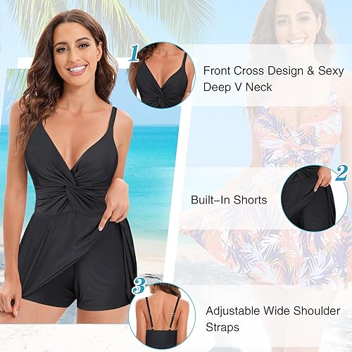 Miniatura 5 de Zando Traje de baño para mujer, traje de baño con control de abdomen, estampado floral, una pieza, falda de natación adelgazante, cuello en V