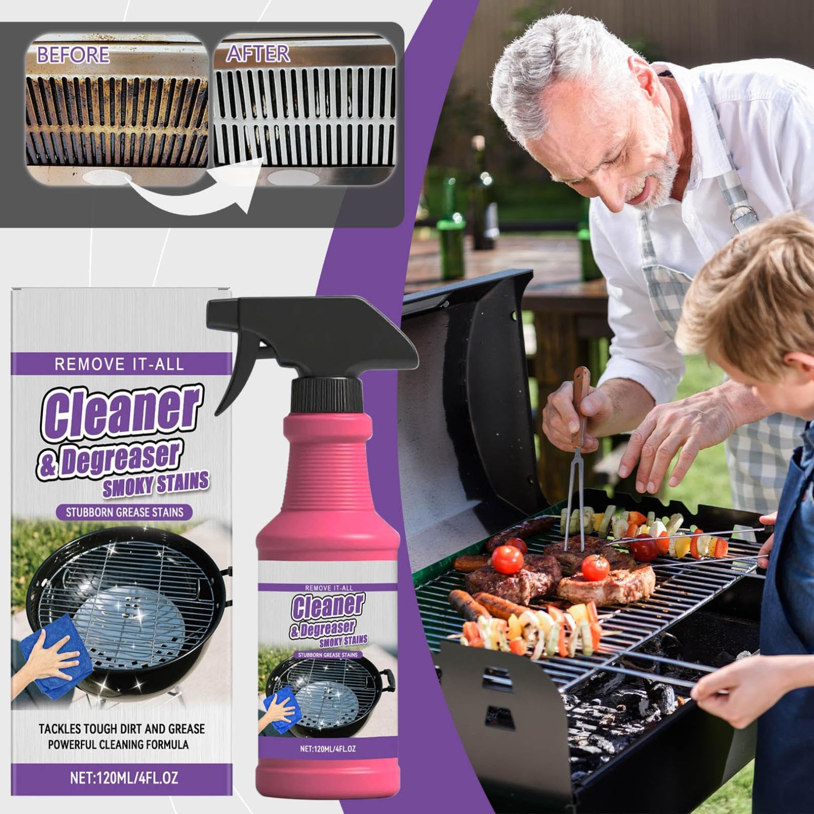 Fast-Acting Heavy-Duty Grill Degreaser Spray, Nettoyant Barbecue & All Purpose Degreaser – BBQ Grill Cleaner, Heavy Duty Oil Cleaning Agent for Smoker, Stains and Stubborn Grease (3PC)