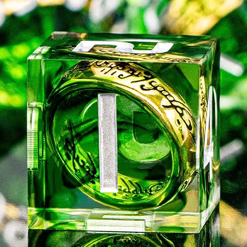 LOTR - Juego de dados de El Señor de los Anillos con caja de dados, de resina verde, borde afilado D y D, para Calabozos y Dragones, Juego de dados