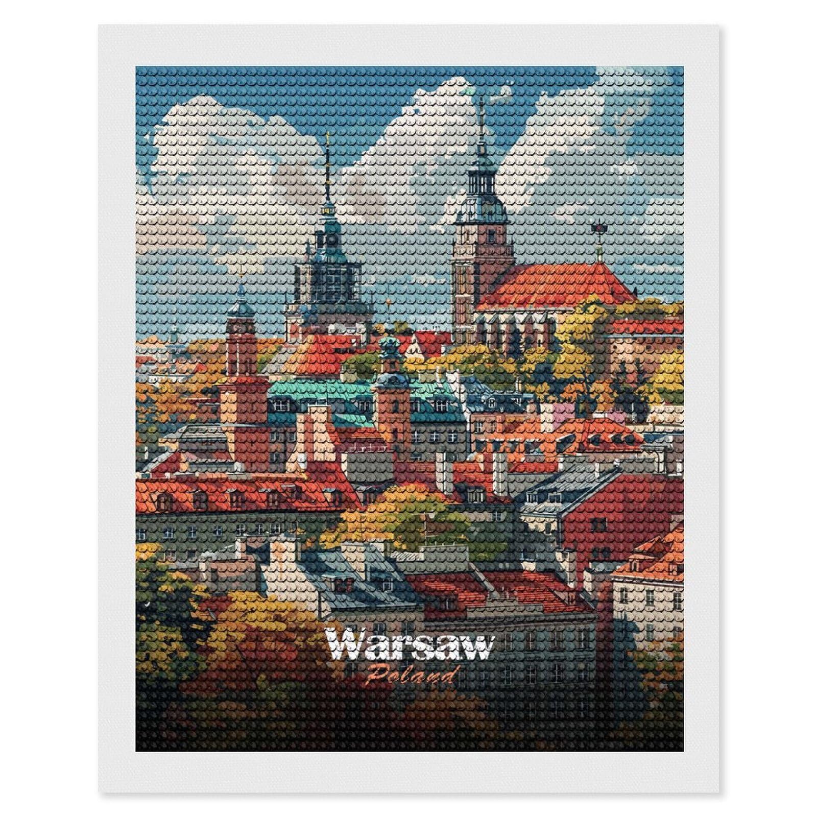 Junmoney Warsaw Cityscape Diamond Painting Kit 16"x20", Adhesive Canvas, Home Wall Decor, for Beginners, Birthday Gift, Full Kit Included