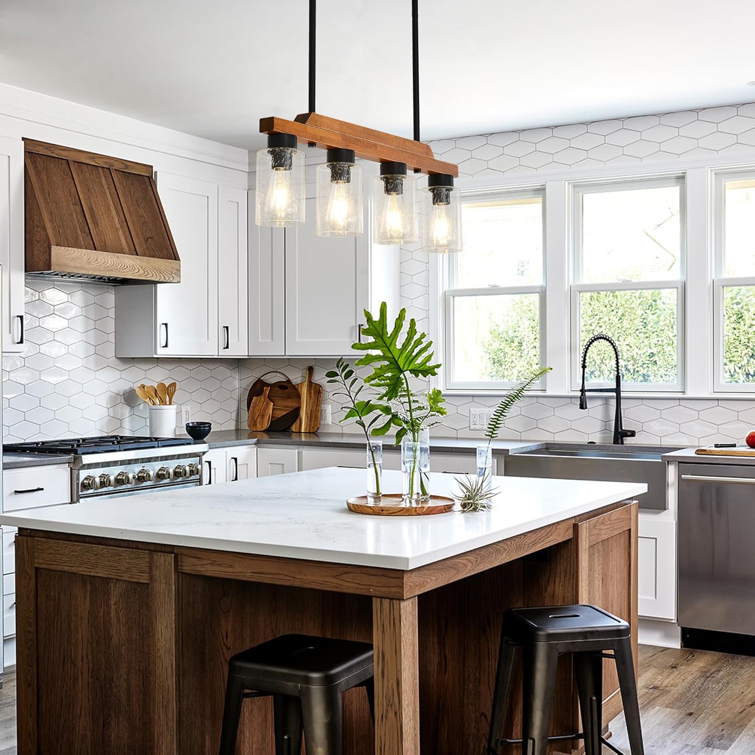 Farmhouse Linear Chandeliers 4-Light Kitchen Island Lighting, Black Rustic Wood Ceiling Pendant Light with Seeded Glass Shade, Farmhouse Dining Room Light Fixture