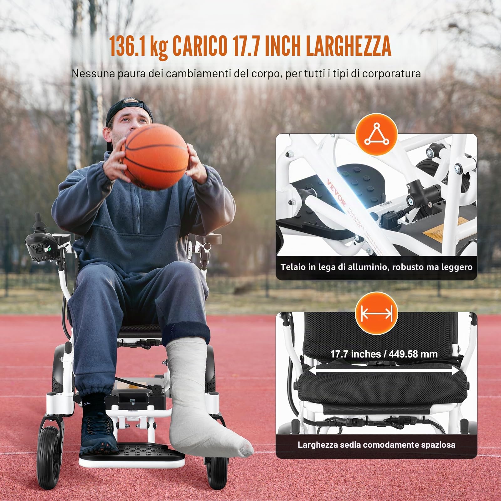 VEVOR Sedia a Rotelle Elettrica per Adulti Anziani, Capacità Carico 136,08 kg, Sedia a Rotelle Motorizzata Pieghevole Leggera Larghezza 449,58 mm, Sedia Elettrica per Tutti i Terreni Lega Alluminio