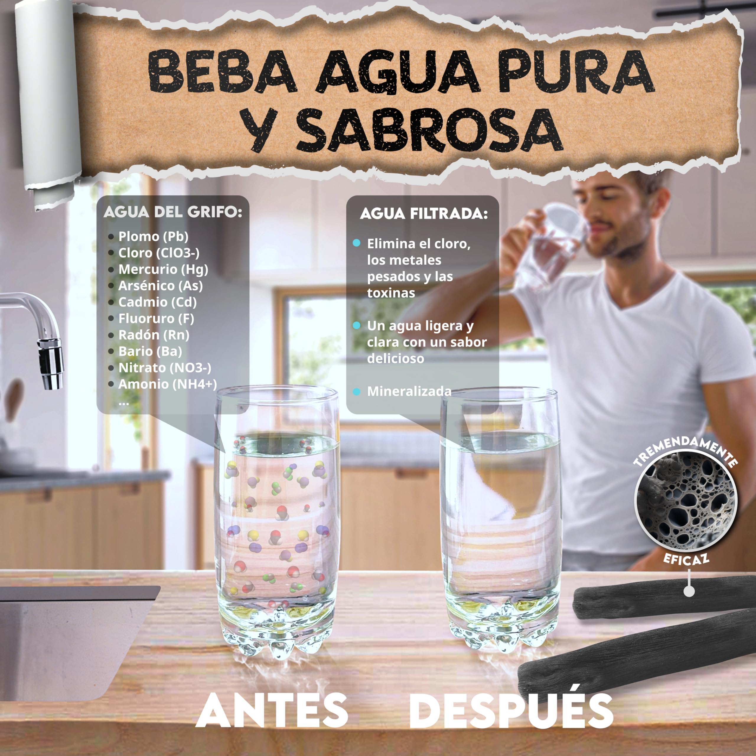 Baytiz ® Filtro de Agua de Carbón Activo - x5 Binchotan Bio - Purificador de Agua del Grifo - Activado Madera Garrafa Cristal Filtros Mesa Carbono Jarra Cartucho Activado Bambu Filter Black Cartuchos