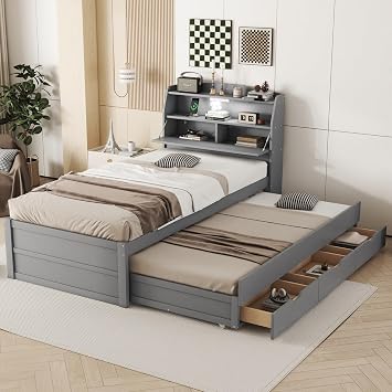 Twin Size Captains Bed with Storage Headboard and Trundle,LED Night Light,Charging Station,Three Drawers for Kids Boys Girls,No Box Spring Needed,Gray