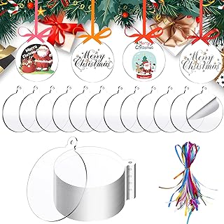 50 Pieces Christmas Hanging Ornaments Set 3''Christmas Ornament Acrylic Blank with 50Pcs 25 Color Ribbons for Christmas Tr...