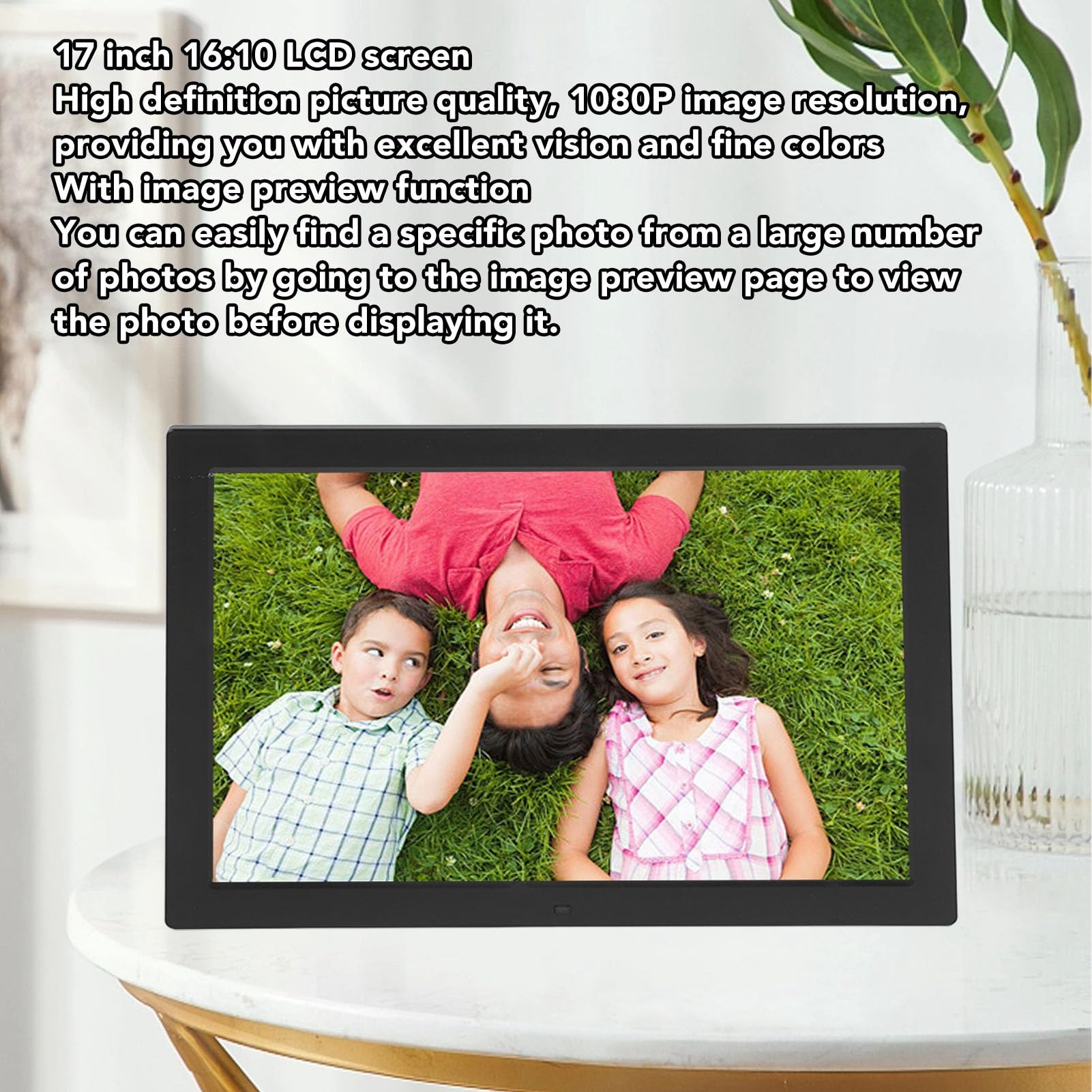Cadre Photo Numérique HD 17 Pouces, Double Wi-FI 32 Go, Partage D'applications/e-mails, Capteur de Mouvement, Montage Mural, Stockageillimité (Prise UE)