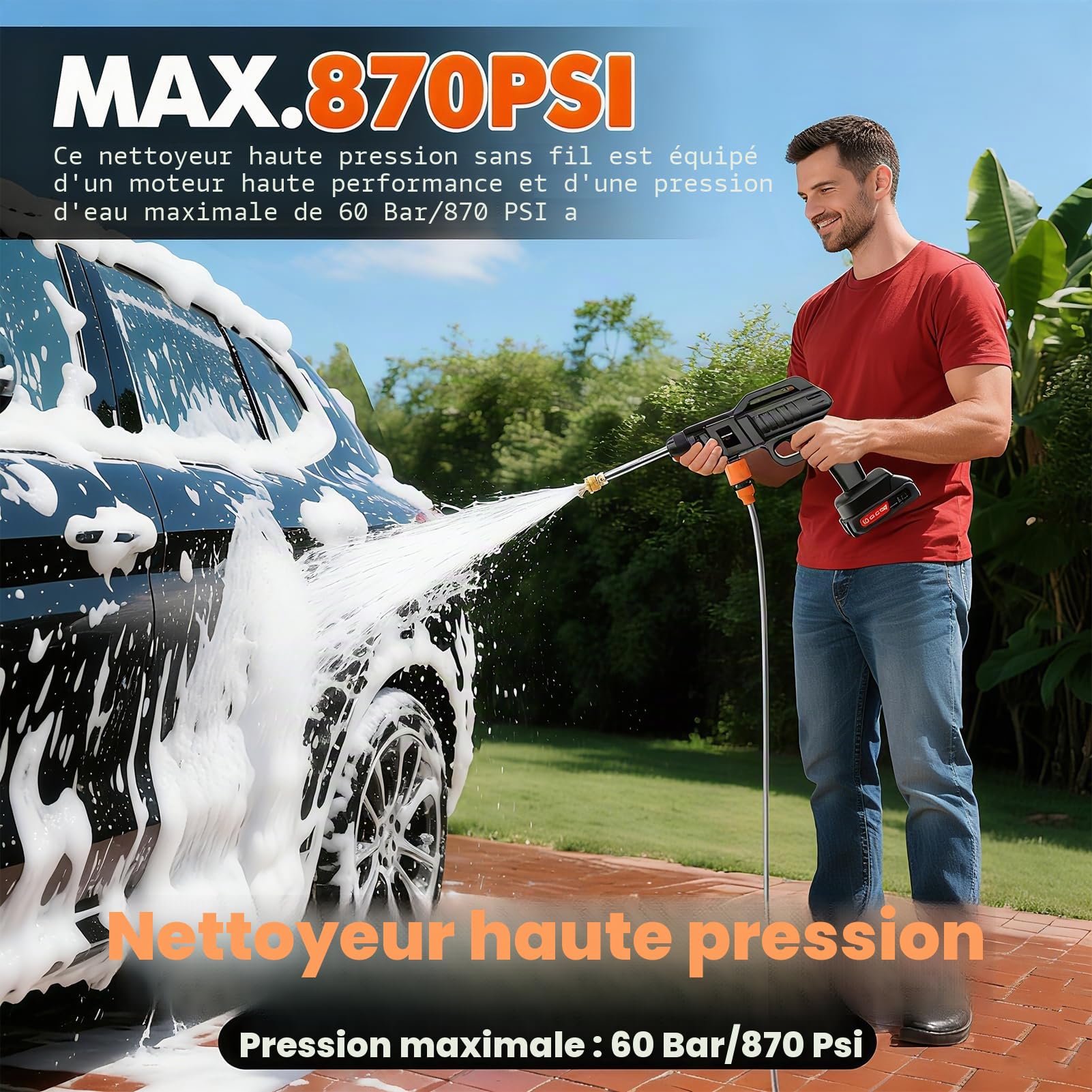 Nettoyeur Haute Pression sans Fil, 21V 1500W Batterie Rechargeable, Nettoyeur Portable avec Tuyau 5M & 2 Buses, Laveur Haute Pression pour Voiture, Jardin, Terrasse, avec Seau