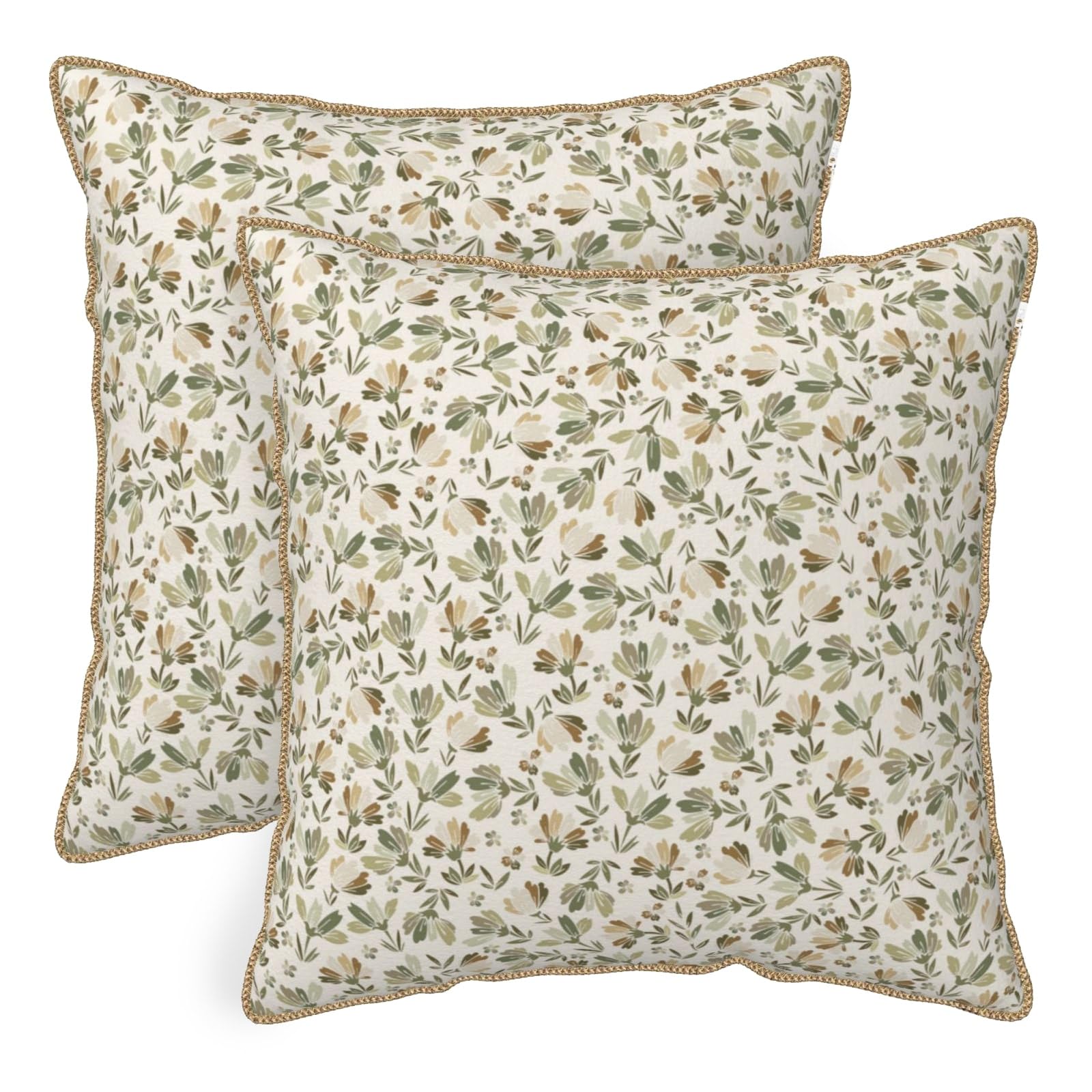 KSLIDS Sage Green Beige Floral Soft polyesterThrow Pillow Covers Set of 2 Vintage Brown Flower Decorative Pillow Covers 18x18 Inch Rustic Pillow Case