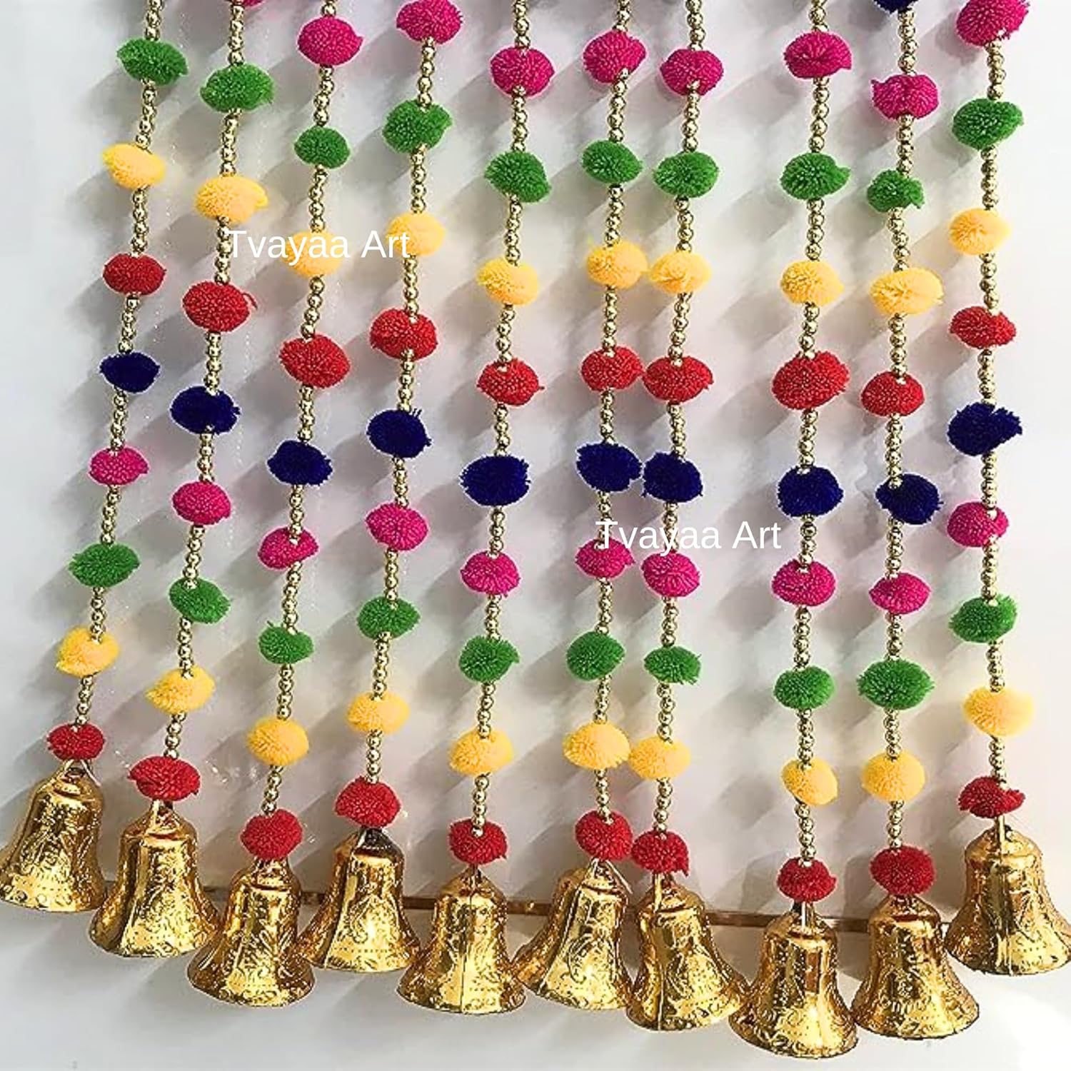 Pom poms Beads & Golden Hanging Bells Strings/Garlands/torans/Wall hangings for Decoration (Approx 4.8 ft) Wedding backdrops Strings (Lot of 5)