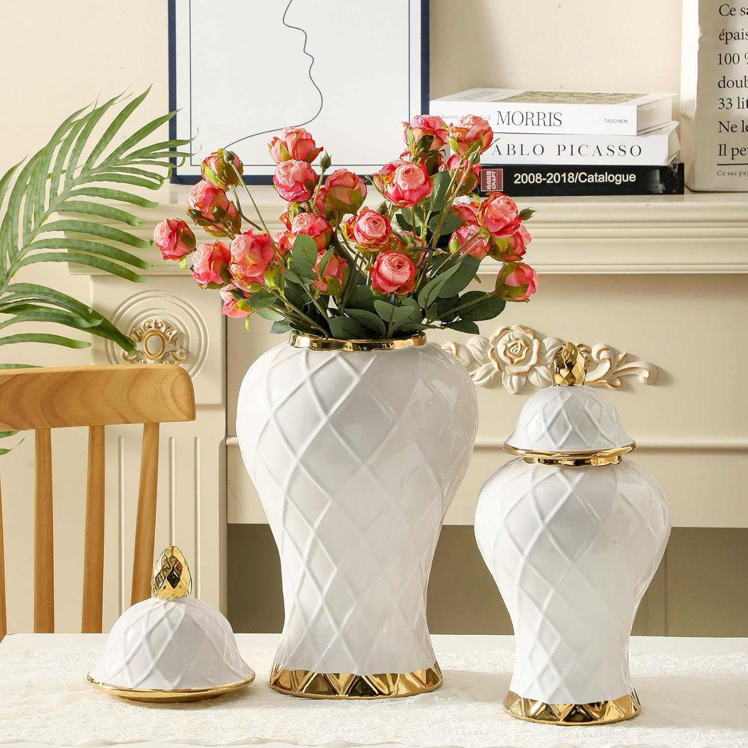 Ginger Jars for Home Decor, White and Gold Vase, Decorative Ceramic Ginger jar with lid, Porcelain Flower Vase for Centerpieces Jarrones, Storage jar, Table Center Vase, Temple Jar(18in)