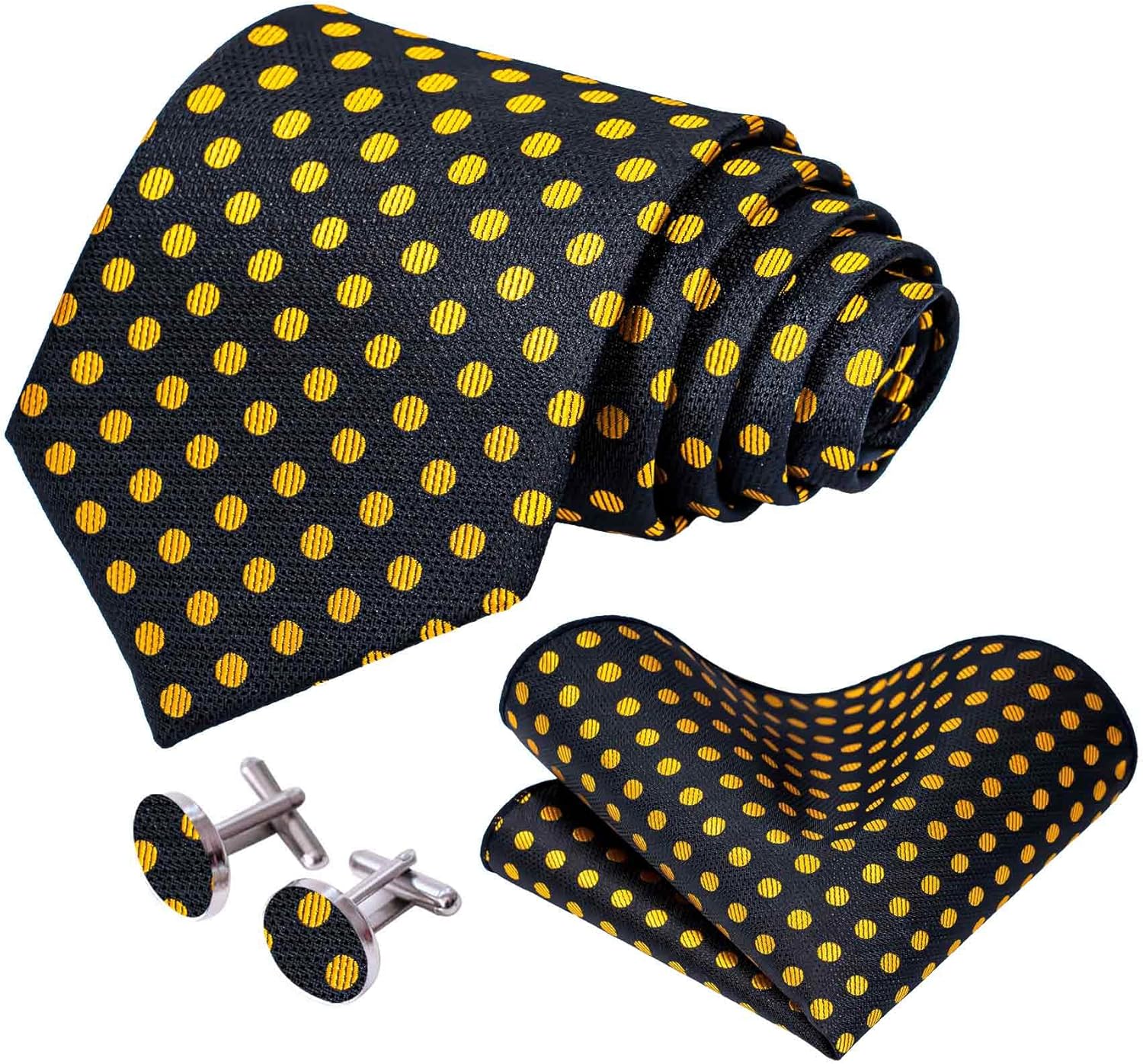 5PCS Tie and Pocket Square for Men, Silk Necktie and Handkerchief Cufflinks with Gold Ring and Lapel Pin Set - Image 2