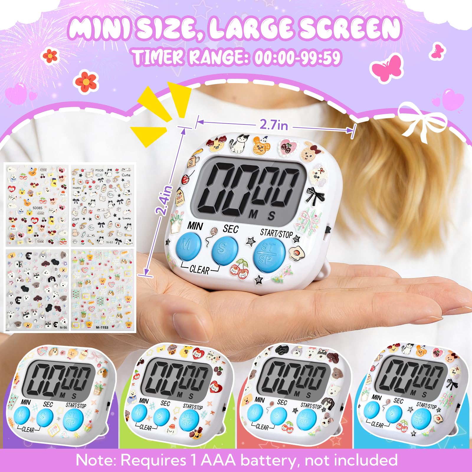 24 timer elettronico multifunzione da cucina, piccolo timer digitale da cucina con adesivi retro magnetico per cucina, aula studio, palestra, con modalità conto alla rovescia/su, bianco