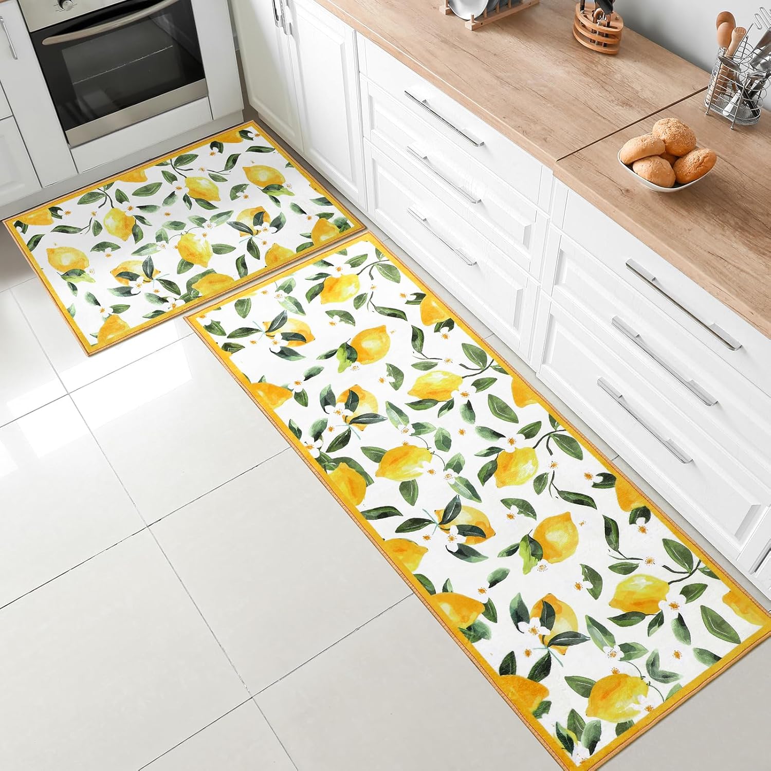 Sliner White 2 Pcs Lemon Kitchen Mats Lemon Kitchen Rugs for Floor Washable Soft Non Slip Carpet for Bathroom Sink Laundry Decor, 17" x 30" + 17" x 47"