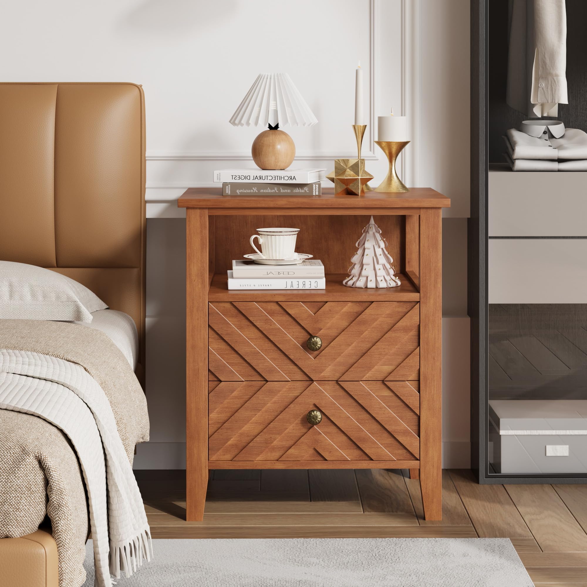 GarveeHome Mesita de Noche Vintage con luz LED, 2 cajones y Estante Abierto, diseño en V, Brown