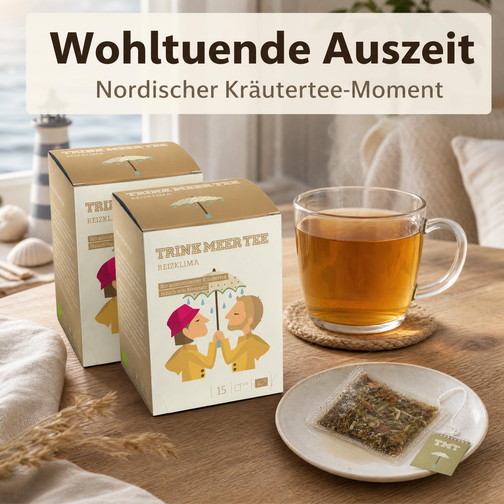 6 x TRINK MEER TEE REIZKLIMA Premium Kräutertee, mit Meersalz und Ingwer, vegan, glutenfrei, laktosefrei, handgenähte Kissenteebeutel, maritimes Design