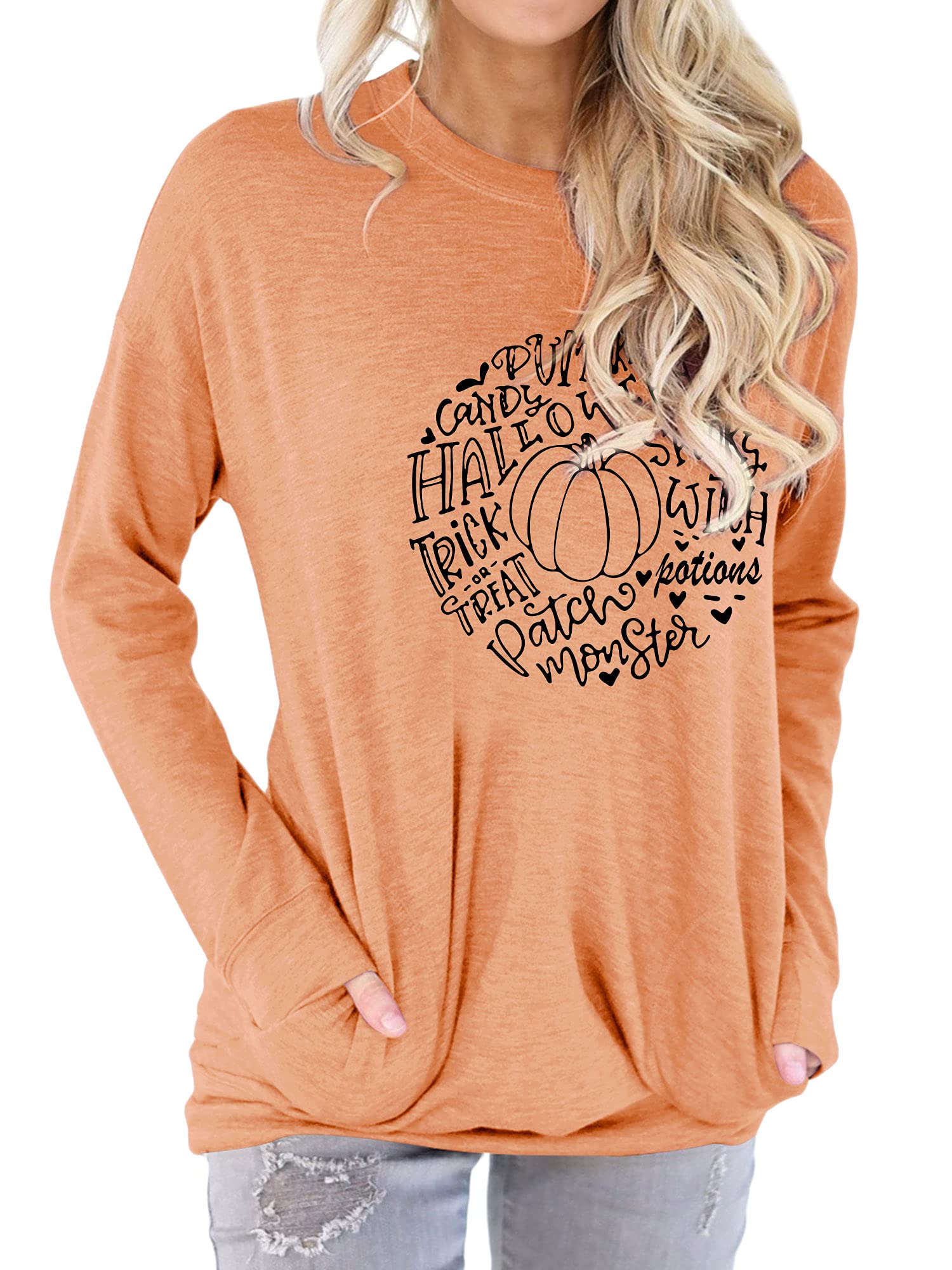 Nlife Women Pumpkin Candy Halloween Trick Printed Long Sleeve Sweatshirt Tops