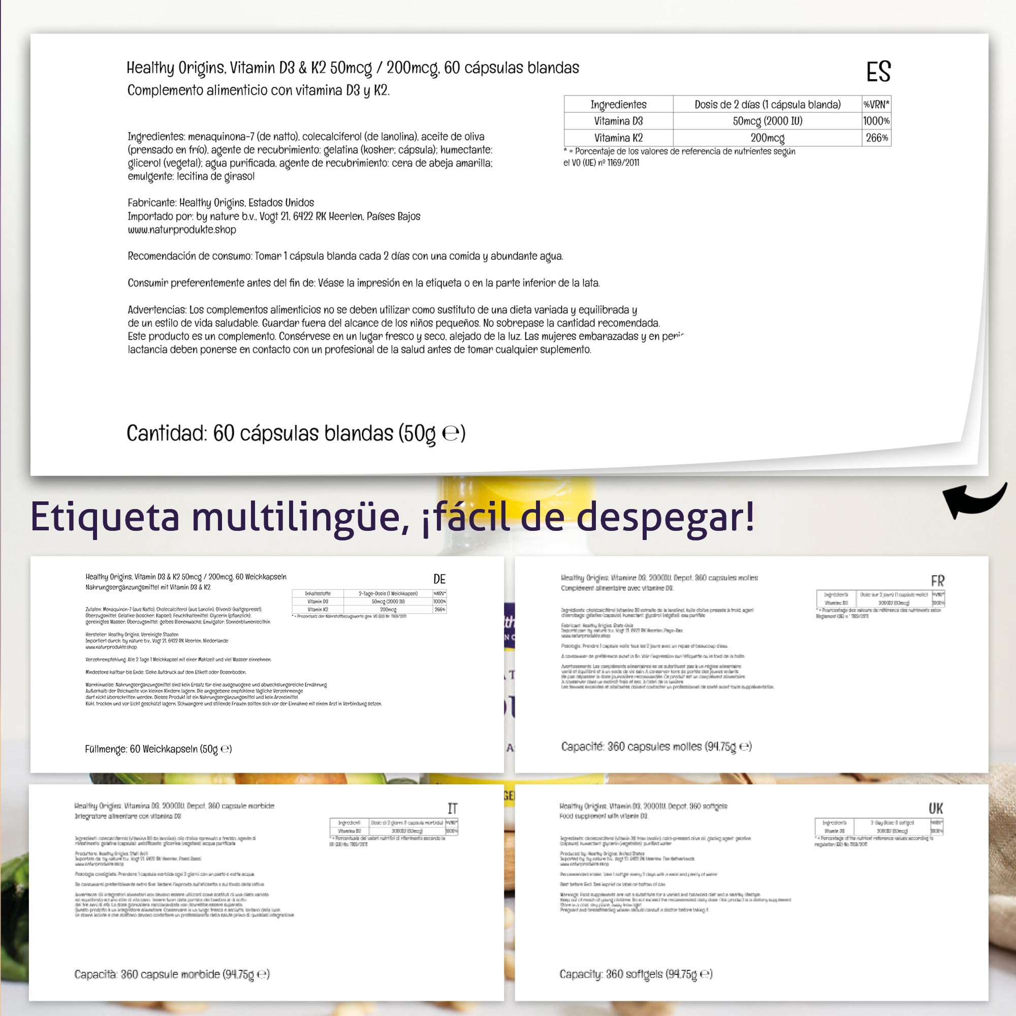 Healthy Origins, Vitamin D3 & K2 Depot (2.000IU & 200mcg) Dosis de 2 Días, 60 Cápsulas blandas, Probado en Laboratorio, Sin Soja, Sin Gluten y Sin OMG