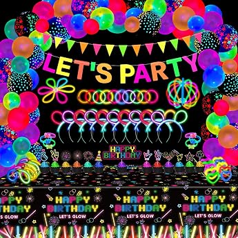 Pack of 255 Luminous Neon Party Accessories Glow Sticks Party Decorations Black Light Reactive Decoration Set - Fluorescent Banners Luminous Balloons Tablecloths Cake Toppers Glow Sticks