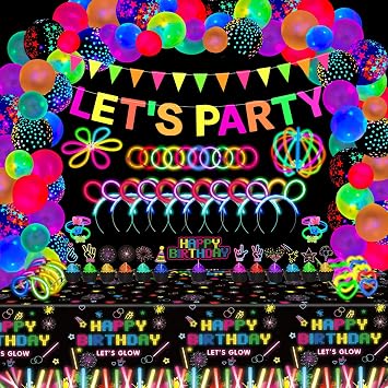 255 Pack Glow Neon Party Supplies Glow Sticks Party Decorations Black Light Reactive Decor Set - Fluorescent Banner, Glow in The Dark Balloons, Neon Tablecloths, Cake Toppers, Light Up Sticks, Glasses