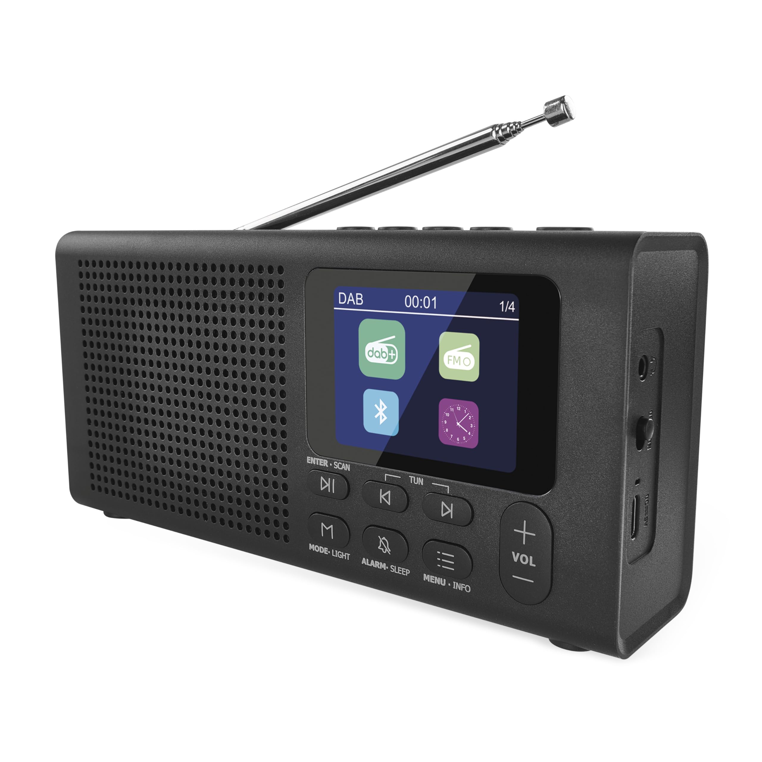 EMOS - Radio DAB + Bluetooth e doppia alimentazione - Radio digitale portatile con sveglia, Sleeptimer e 40 posizioni - 4 a scelta rapida - Radio da cucina DAB+FM TFT LCD a colori - Nero