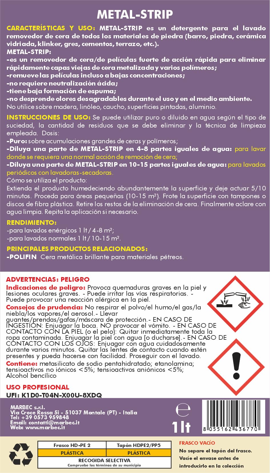 MARBEC METAL STRIP 1LTX6Uds Decerante rápido para materiales pétreos, elimina capas viejas de cera y polímeros, acción desincrustante eficaz. No contiene sosa cáustica.