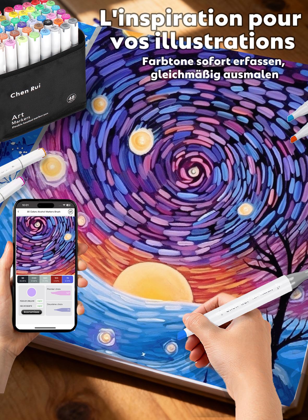 Chen Rui 120 Couleurs Feutres a Alcool avec App, Feutres Coloriage Adulte