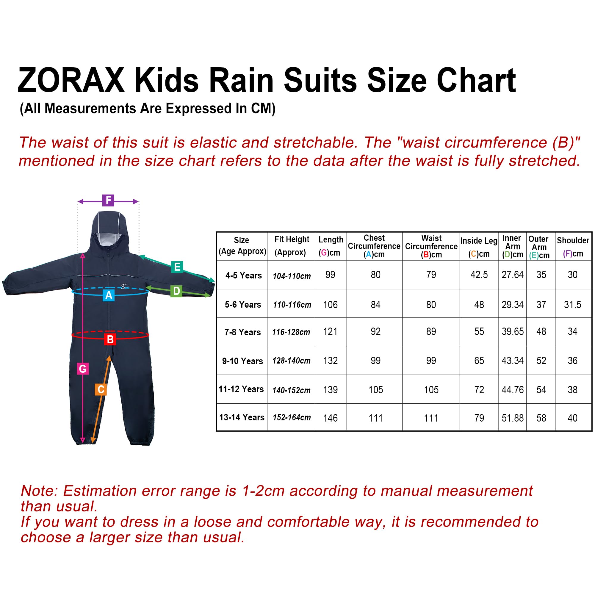 Zorax Combinaison de pluie imperméable coupe-vent légère pour garçons et filles enfants tout-en-un costume sec flaque unisexe veste de pluie anti-gouttes, bleu marine, 7-8 ans