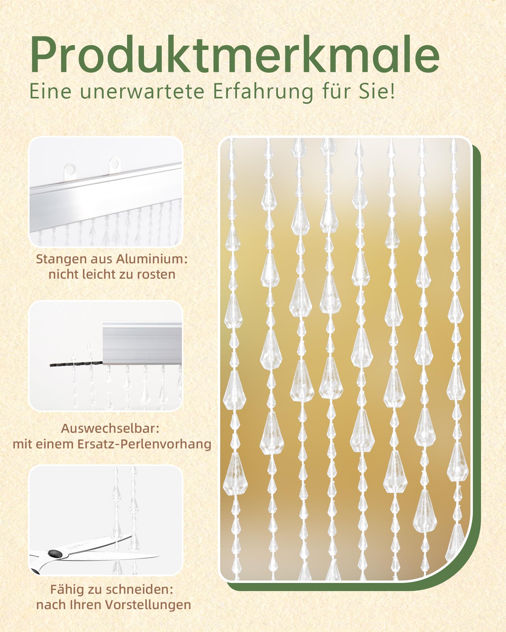 Cortina transparente de perlas de 90 x 200 cm, 60 hebras, cortina de perlas de plástico como decoración y protección contra insectos para puerta de balcón, habitación