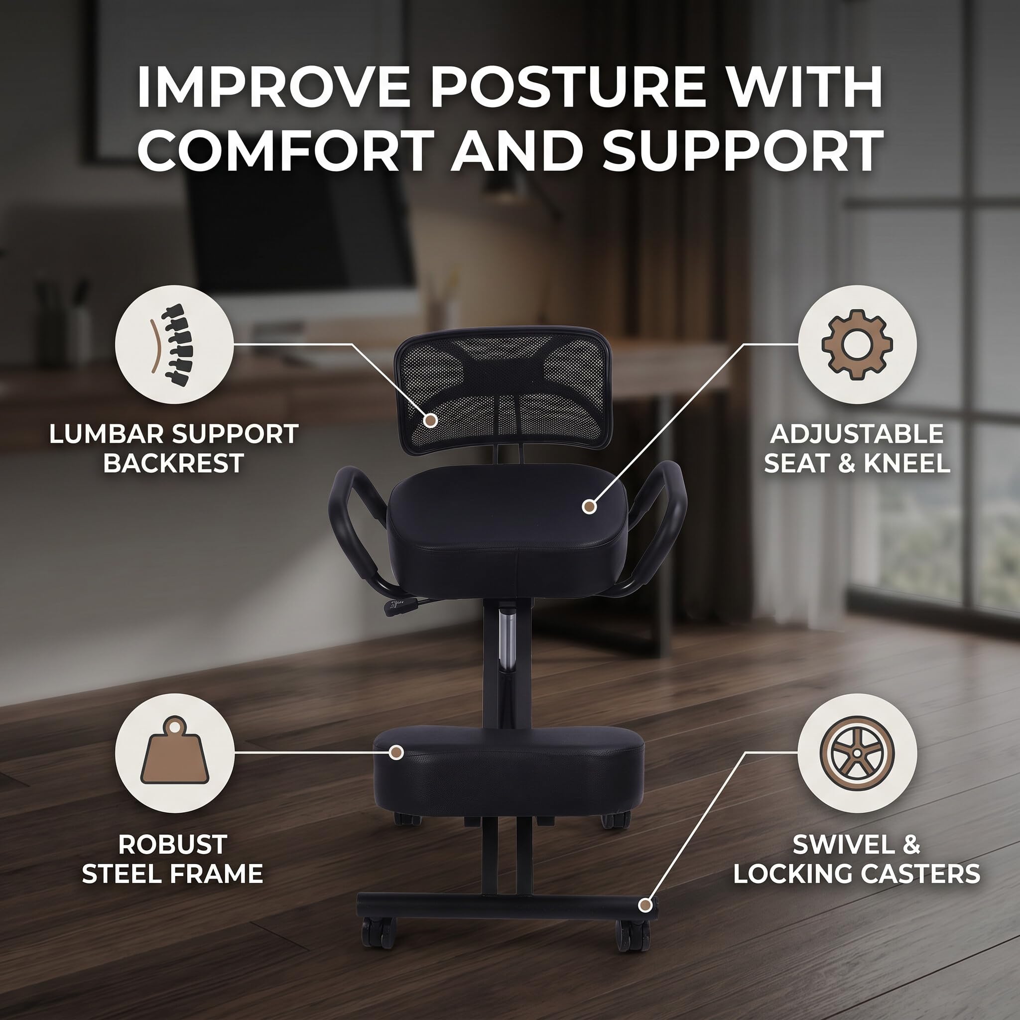 Krzesło Klęczące, Ergonomiczne Krzesło Klęczące, Regulowane Krzesło Poprawiające Postawę z Kółkami i Podparciem Pleców, Ergonomiczne Krzesło do Biur Domowych Sala Konferencyjna