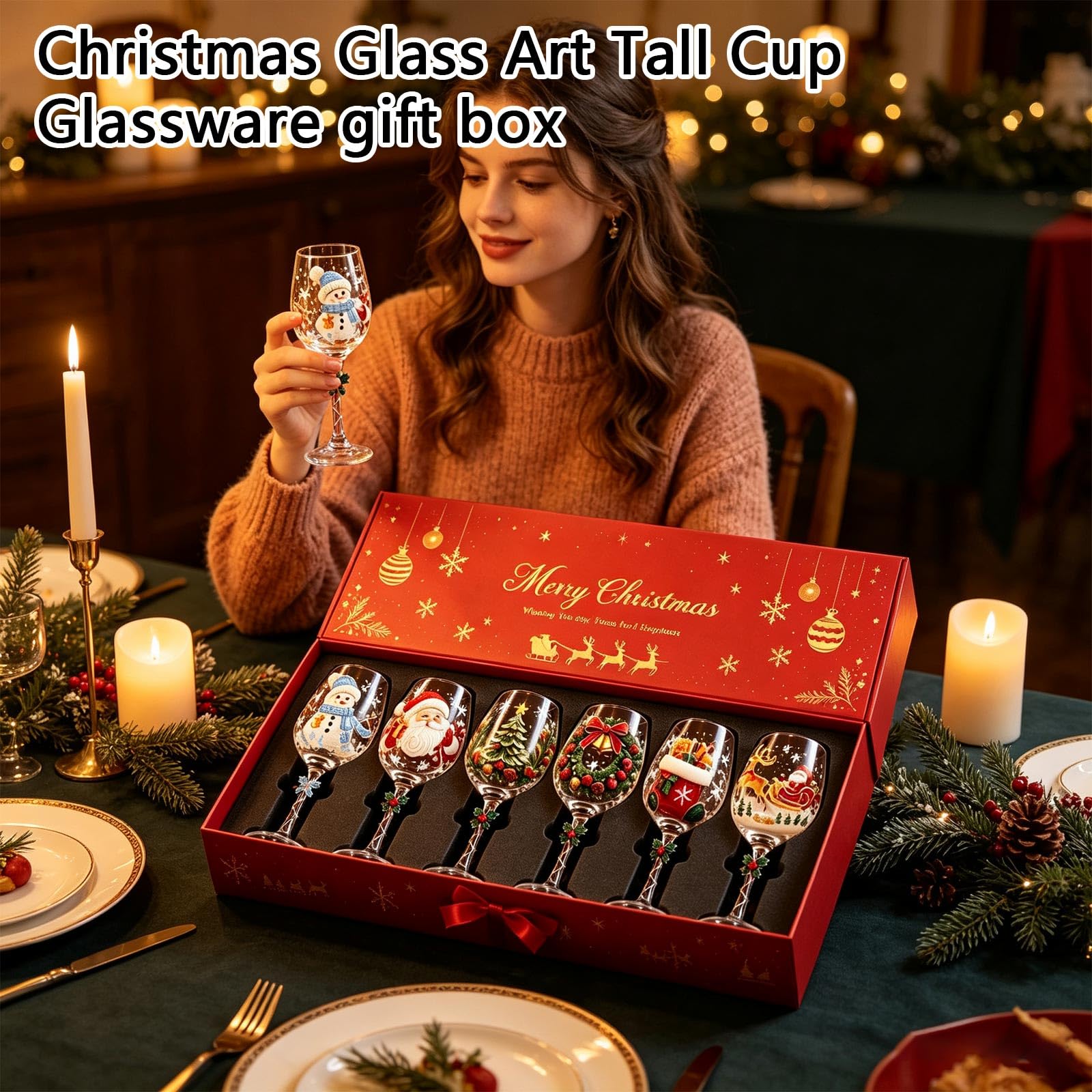 Set di bicchieri da vino 3D con Babbo Natale, confezione regalo da collezione di bicchieri da vino 3D, calice rialzato con fiocco di neve, decorazione per feste e tavoli, bicchieri natalizi per gli
