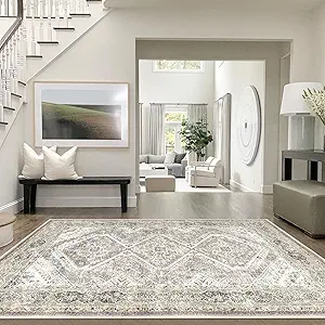 KUTA Living Room Rug 6x9 Ivory Grey Yellow, Vintage Washable Large Area Rugs 6ft x 9ft, Non-Slip Boho Printed Oriental Dining Room Carpet, Indoor Low-Pile Cozy Room Throw for Office Bedroom