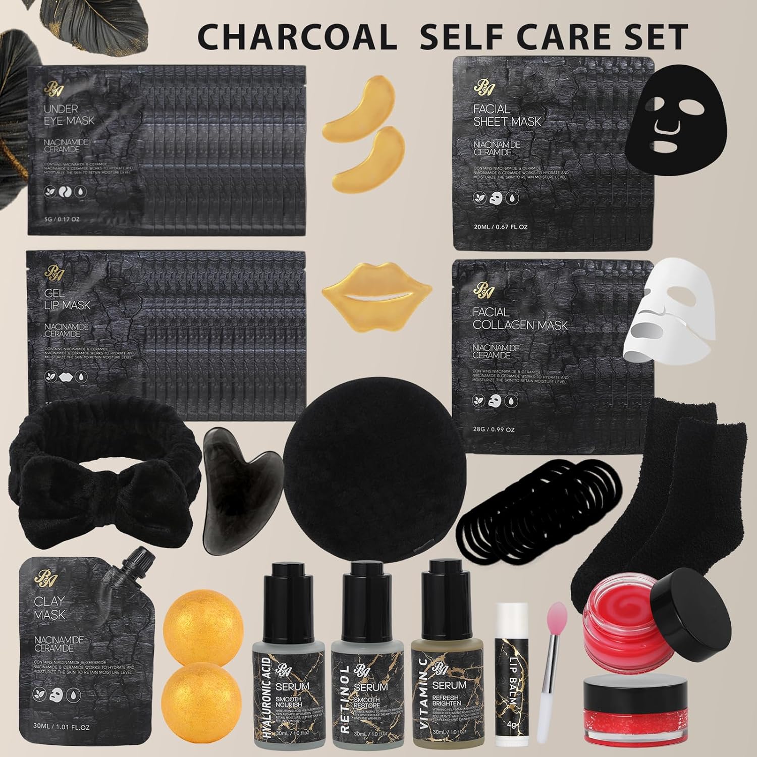 55 Pcs Valentines Day Gifts for Women & Men, Charcoal Face Sheet Mask Pack, Hydrating Skin Care Set, Hydrolyzed Mask, Hyaluronic Acid Serum, Self Care Kit, Birthday, Christmas, Dad, Mom - Image 2