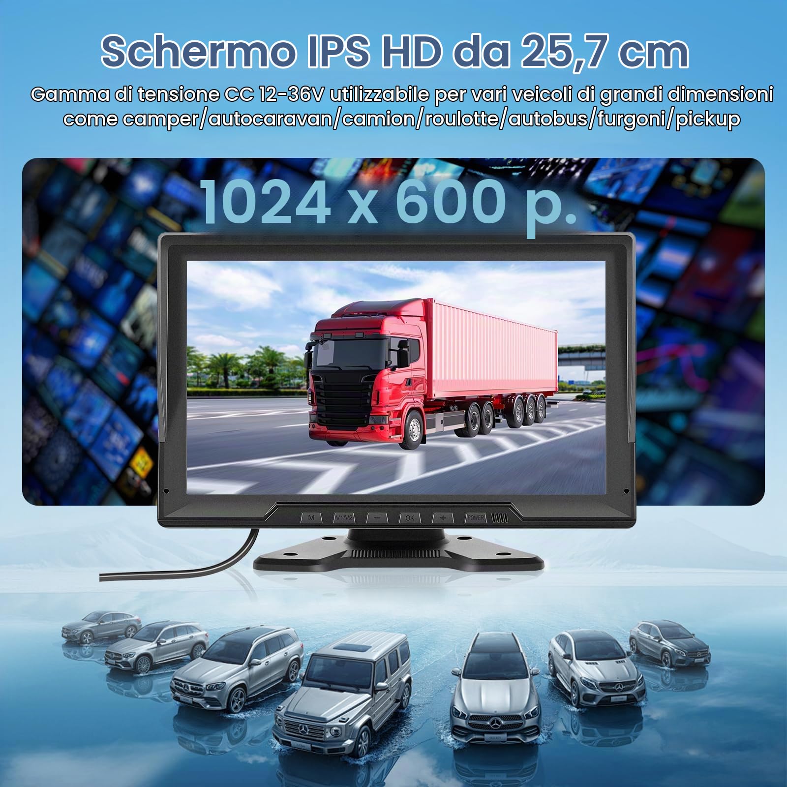 Hodozzy 4 Telecamere Posteriore Digitali Wireless con Monitor IPS da 10,1 Pollici, Supporta BSD,Telecamera Retromarcia Impermeabile IP68, Telecamera DVR 720P per Camper/Camion