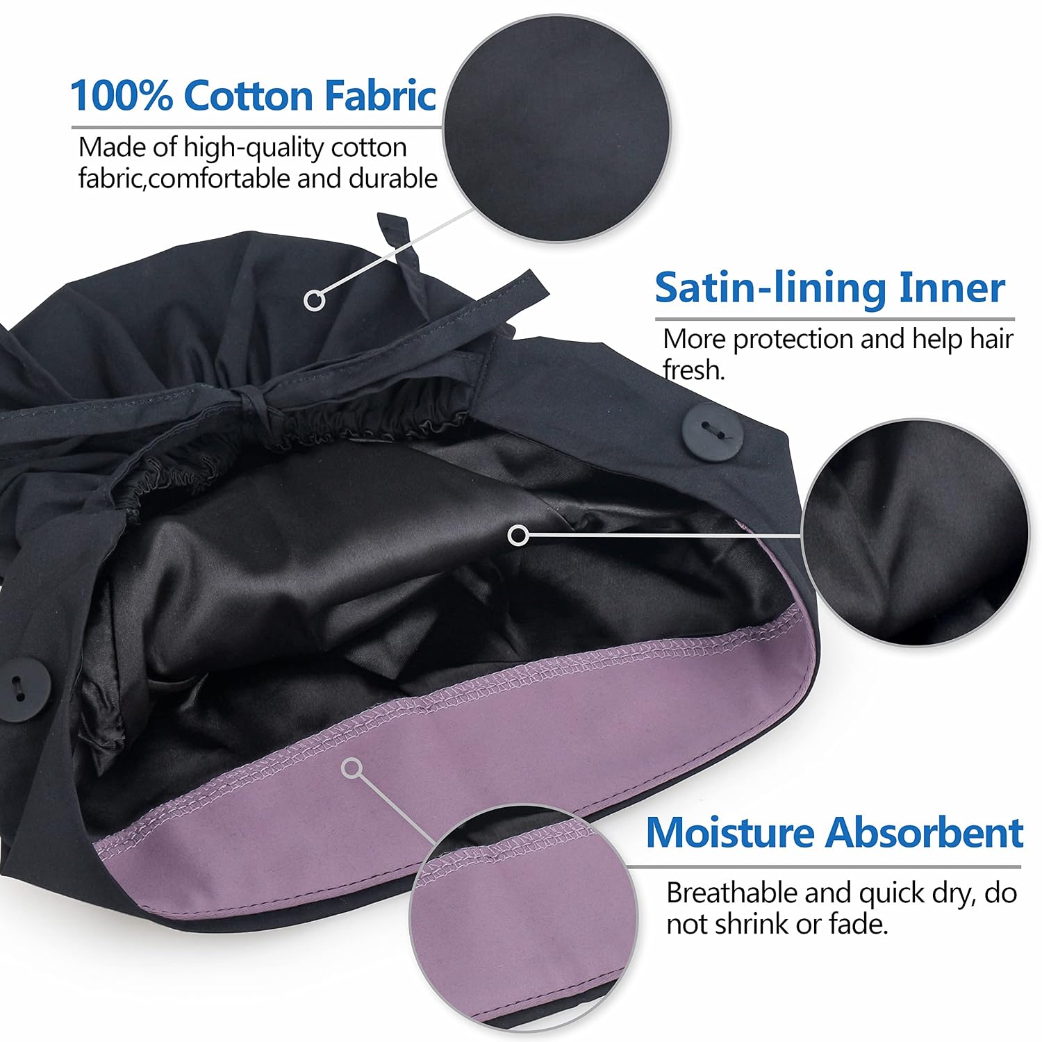 Satin Lined Scrub Cap for Women, Bouffant Nurse Cap with Sweatband and Buttons, Adjustable Surgical Hat for Curly Hair, Braids, Long Hair and Buns
