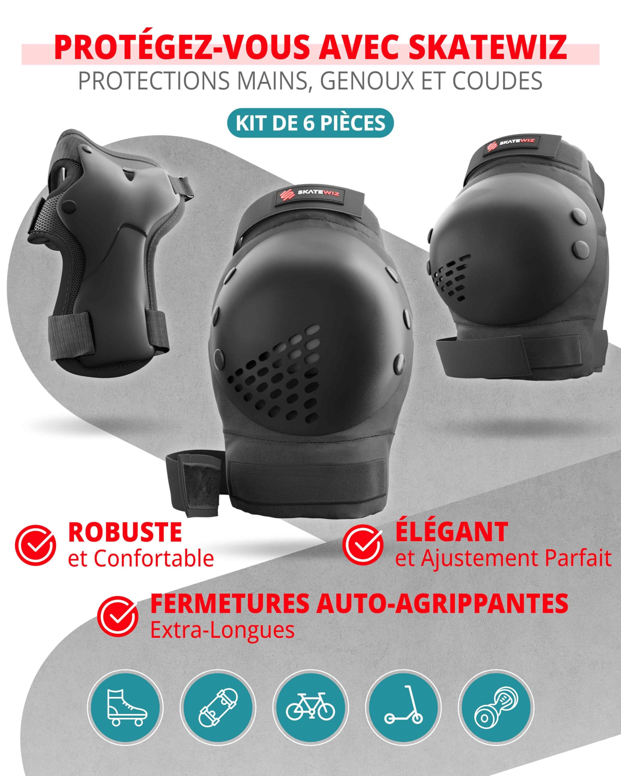 SKATEWIZ Protection Roller Enfant & Adulte pour Skateboard, BMX, Velo - Smash - Patins à roulettes [6pc] - Genouillère Enfant Skate