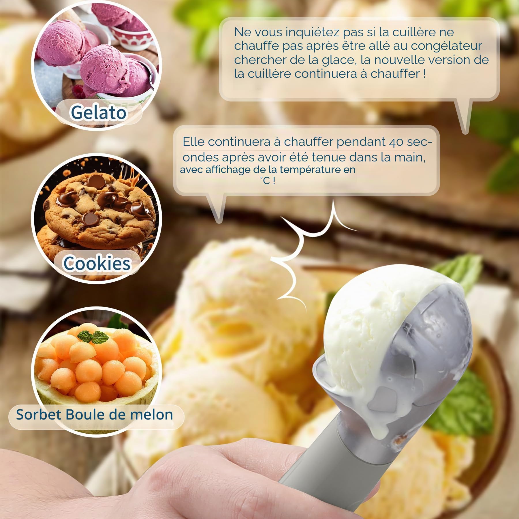 Cuillère à crème glacée chauffante rechargeable, cuillère à glace électrique avec affichage LED, chauffe à 70°C pour la glace dure, facile pour les seniors et les enfants, étanche IP67 (Gris)