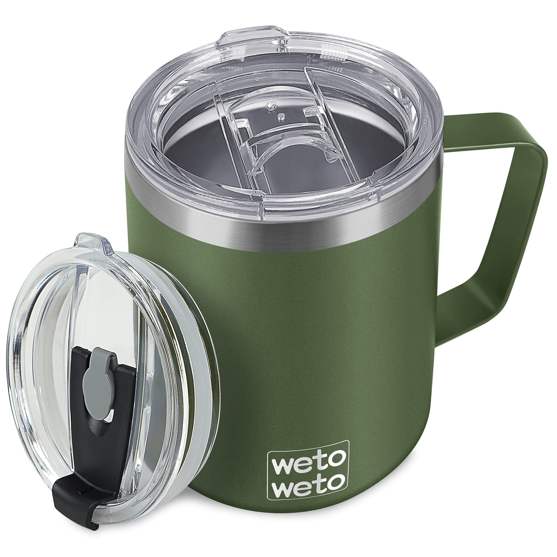 WETOWETO Taza de café con asa, taza de café reutilizable de acero inoxidable aislada de 14 onzas, taza de café de doble pared, taza de viaje de café recubierta de polvo, verde oliva