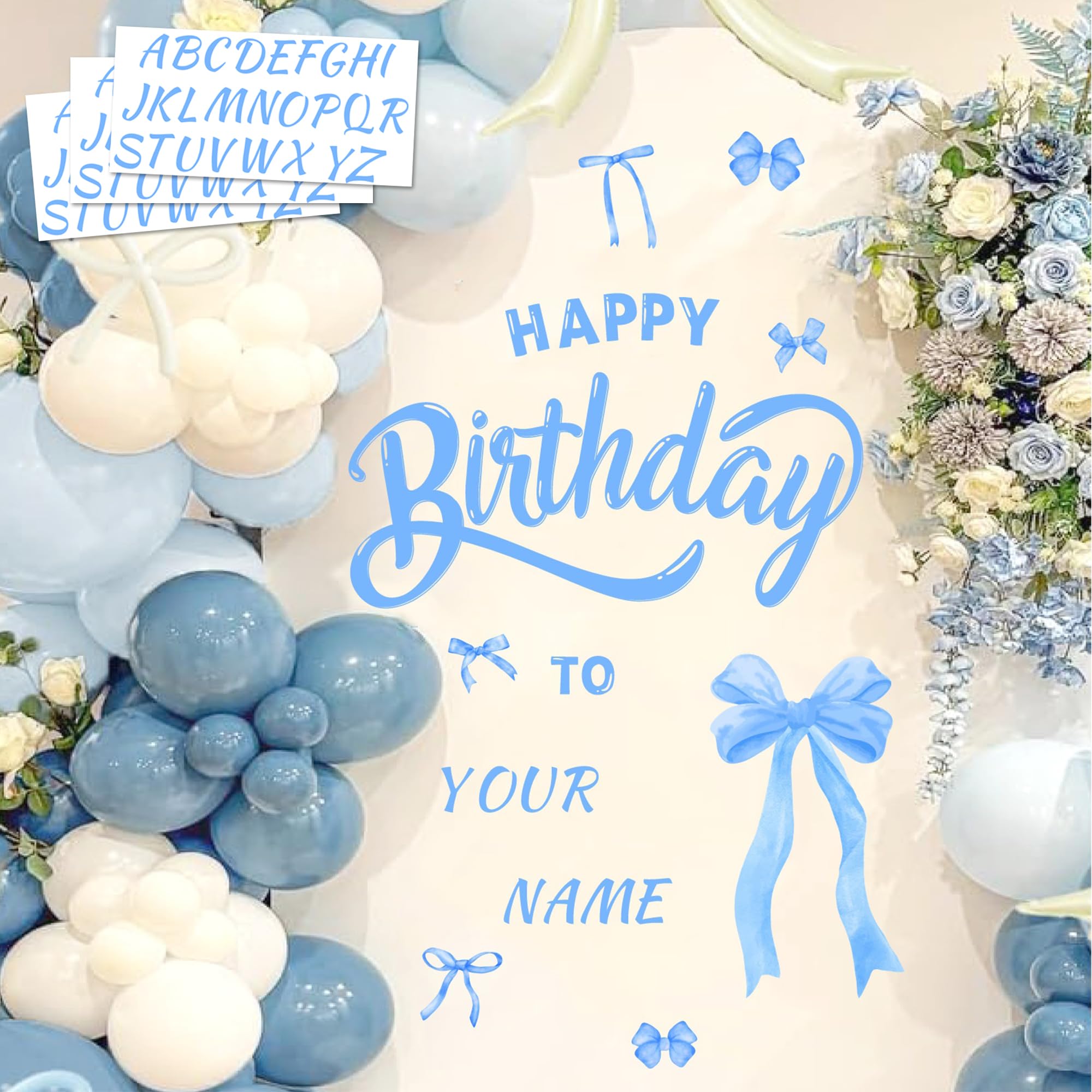 Custom Name Happy Birthday Signs Stickers for Backdrop Birthday Letters Sign for Blue Bow Balloon Arch Decoration Kids Birthdays Party Vinyl Decals Happy Birthdays Banner for Women Men Party Supplies