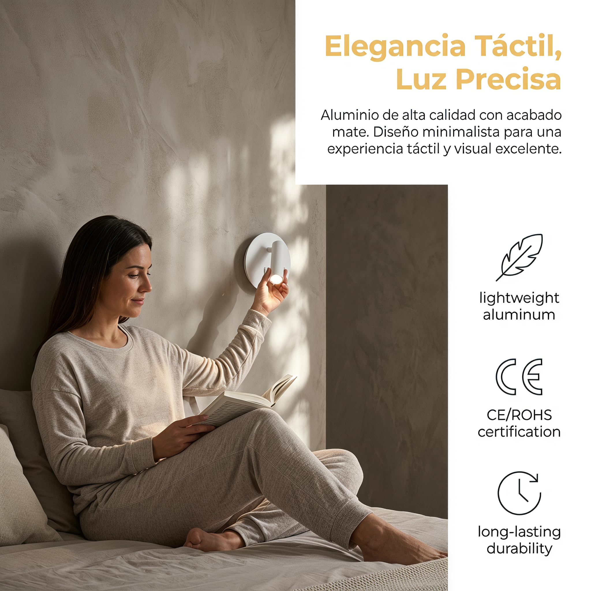 BARCELONA LED Applique Murale LED QUART pour Lecture 3W+6W, Lampe Tête de Lit avec Spot Orientable et Éclairage Ambiant Indirect, 3000K Blanc Chaud, Interrupteurs Indépendants, Chambre Hôtel