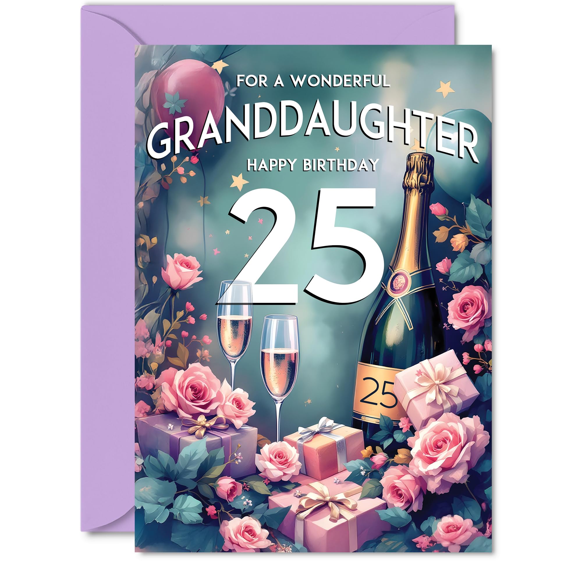 25th Birthday Card Granddaughter, Pink Presents Champagne Bottle