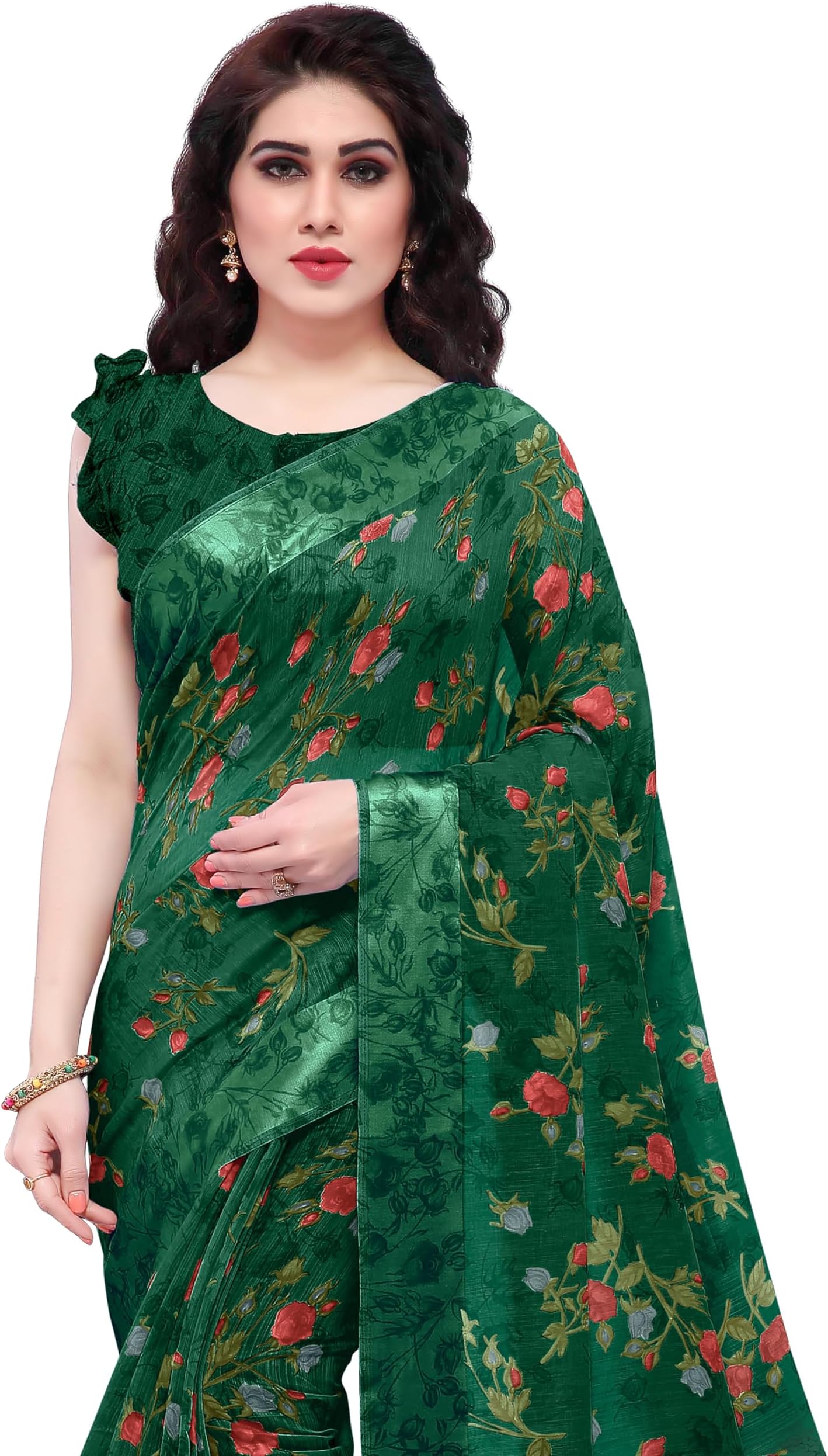 SOURBH Women Cotton Blend Tropical Flower Printed Saree with Blouse Piece