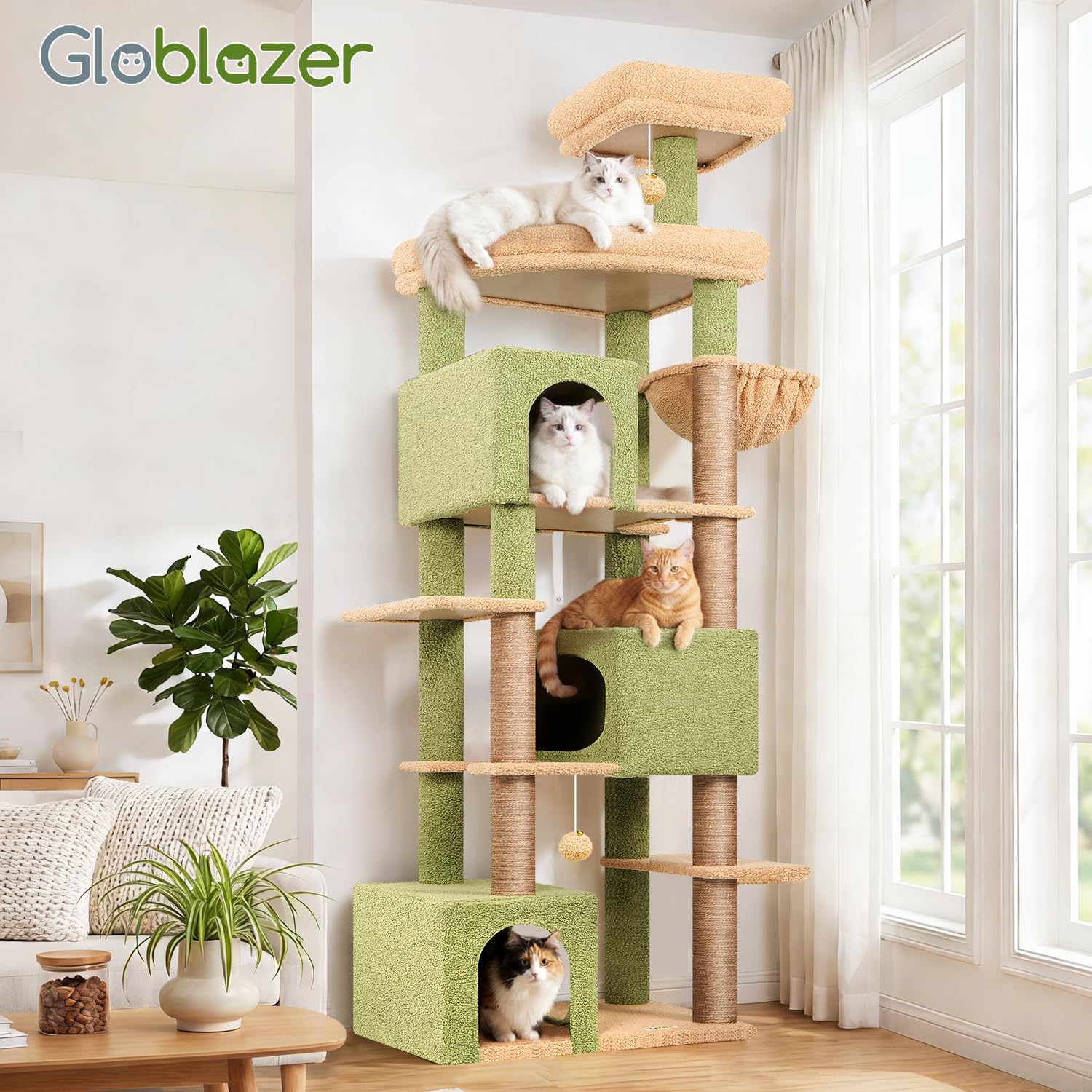Globlazer Tiragraffi per Gatti Cactus Verde XXL Alto 203 cm con 3 Grandi Grotte 45*30*30CM, ExtraLarge Piattaforma, Cesto, Trespoli, Giocattoli, Albero Stabile per 4-6 Grandi Gatti Adulti (S80, Verde)