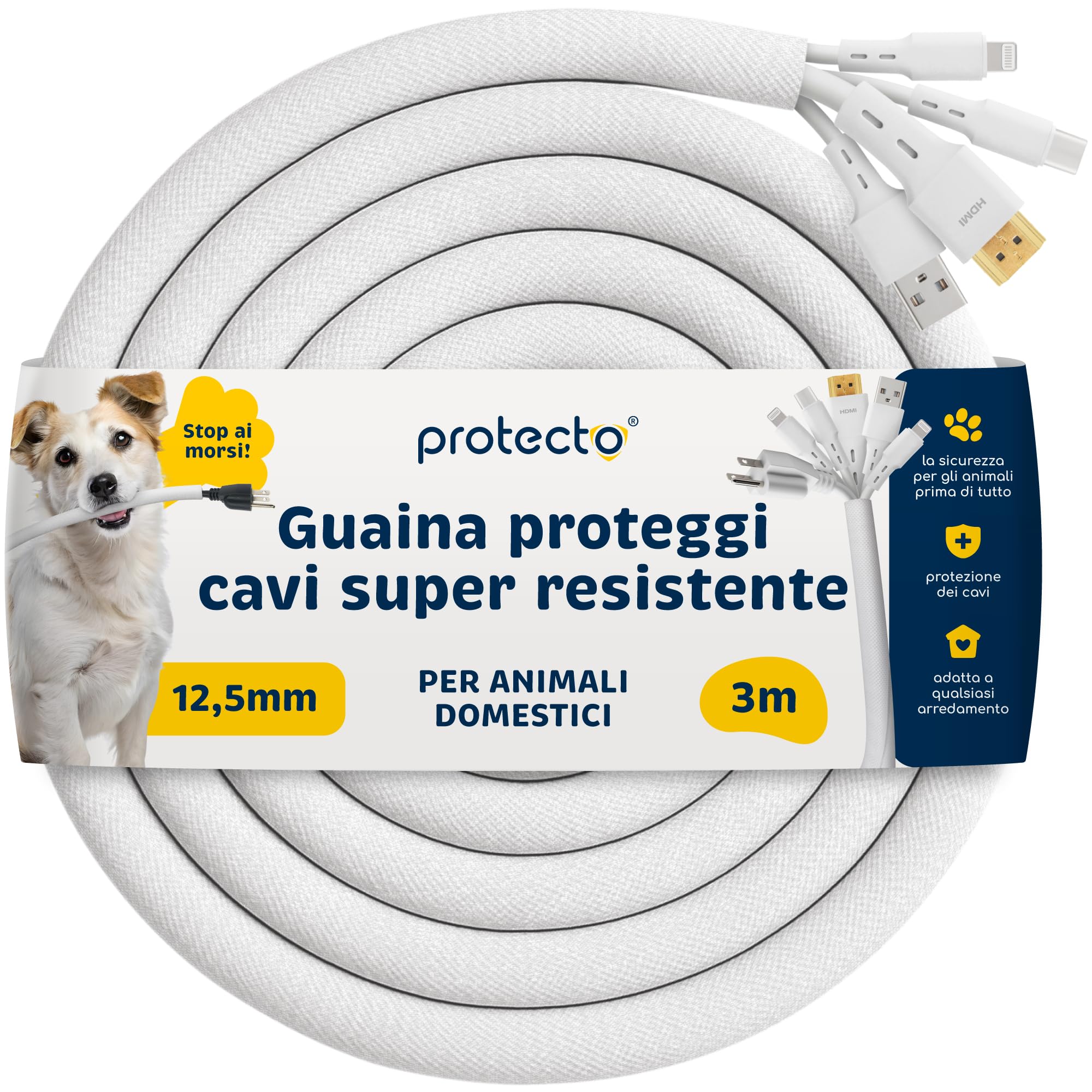PROTECTO Protezione per cavo resistente per cani e gatti, diametro 1,27 cm, 3 m, facile da usare, per animali domestici, trasparente, inodore, colore bianco, soluzione senza masticazione