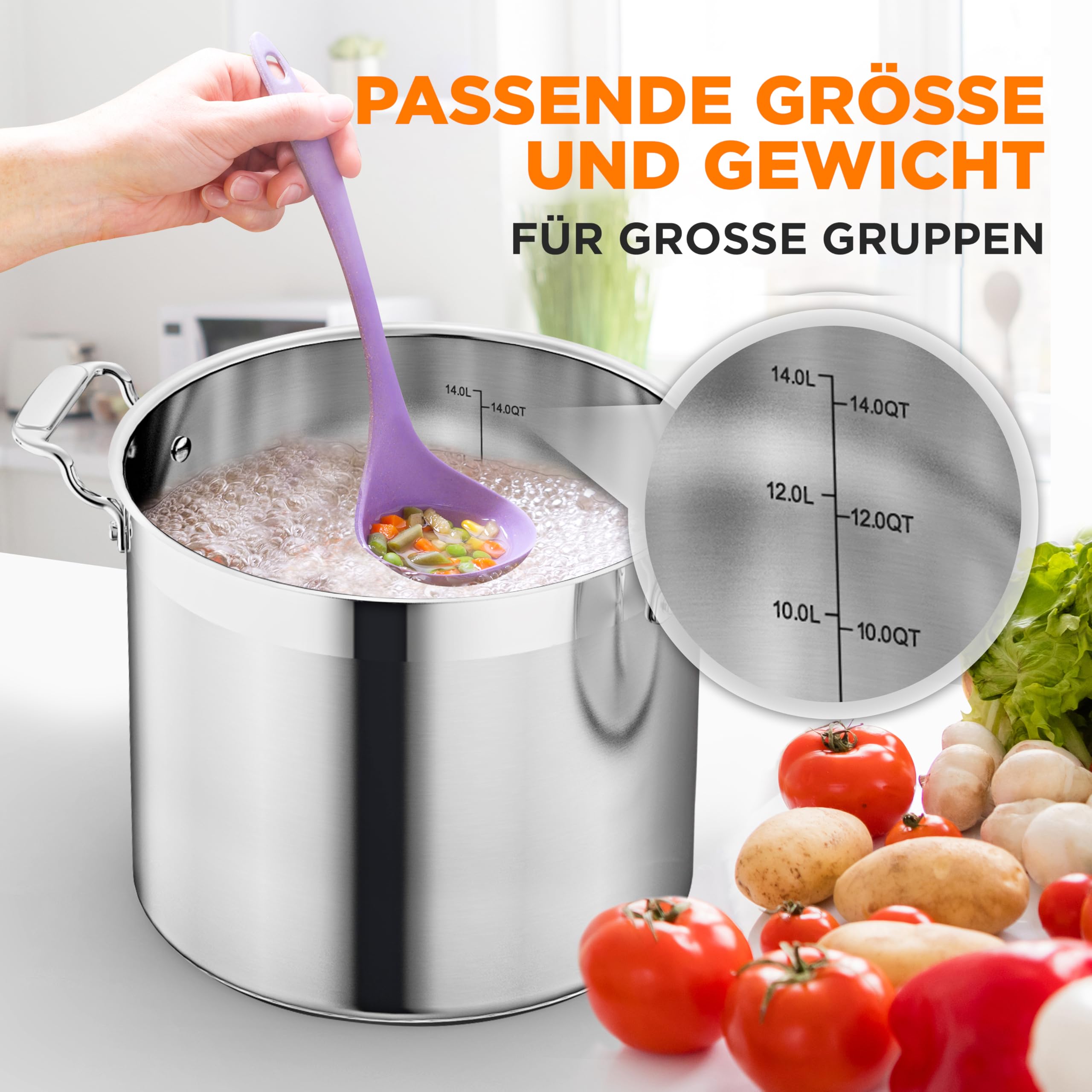 NutriChef Edelstahl Kochtopf 13,2L Induktion – Suppentopf mit Deckel, Profiqualität für Gastronomie & Meal Prep Hitzebeständig bis 260 °C, Spülmaschinenfest, Ideal für Vorratsküche & Events | 18/8 Induktionskompatibel, spülmaschinenfest, genietete Griffe,
