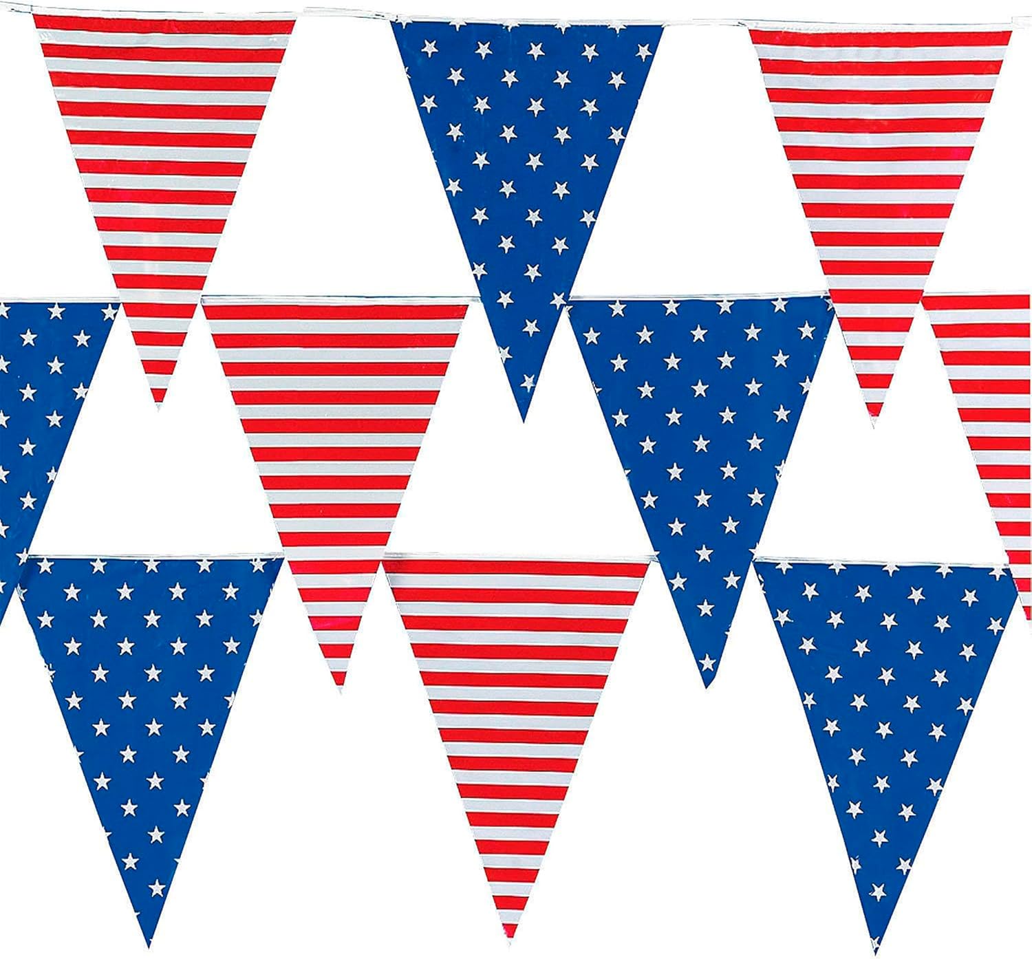 Fun Express 4th of July Decorations Outdoor Patriotic Banner - 100 Ft Red White Blue Pennant Flags for Memorial Day Veterans Day Party Supplies | Stars Stripes American Flag Decorations USA Decor