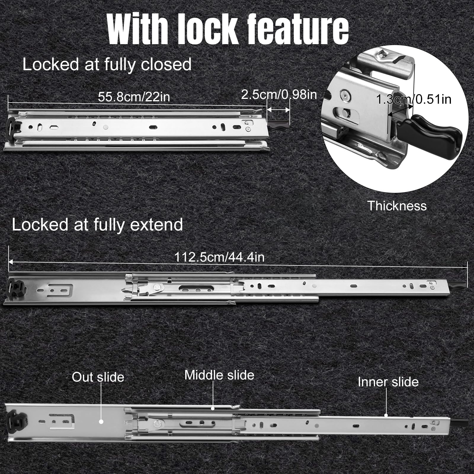 HLC Heavy Duty Locking Drawer Slides 22 Inch 1 Pair Full Extension Drawer Slides with Lock 250 lb Load Capacity 3-Fold Full Extension Side Mount Ball Bearing Industrial Locking Rail 22" Silver - Image 2