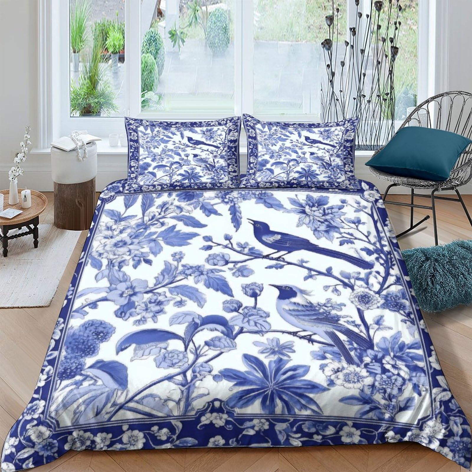 P5V6M1Q9 3D Printed Blue Tropical Jungle Duvet Cover Set Microfiber Soft Breathable Bird Botanical Bedding Set with 2 Pillowcases for Bedroom Home Single（135x200cm）