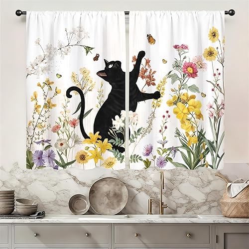 Miniatura 9 de Cortinas de cocina con estampado floral verde azulado de 27.5 pulgadas de ancho x 39 pulgadas de largo, 2 paneles con bolsillo para barra, rústicas,