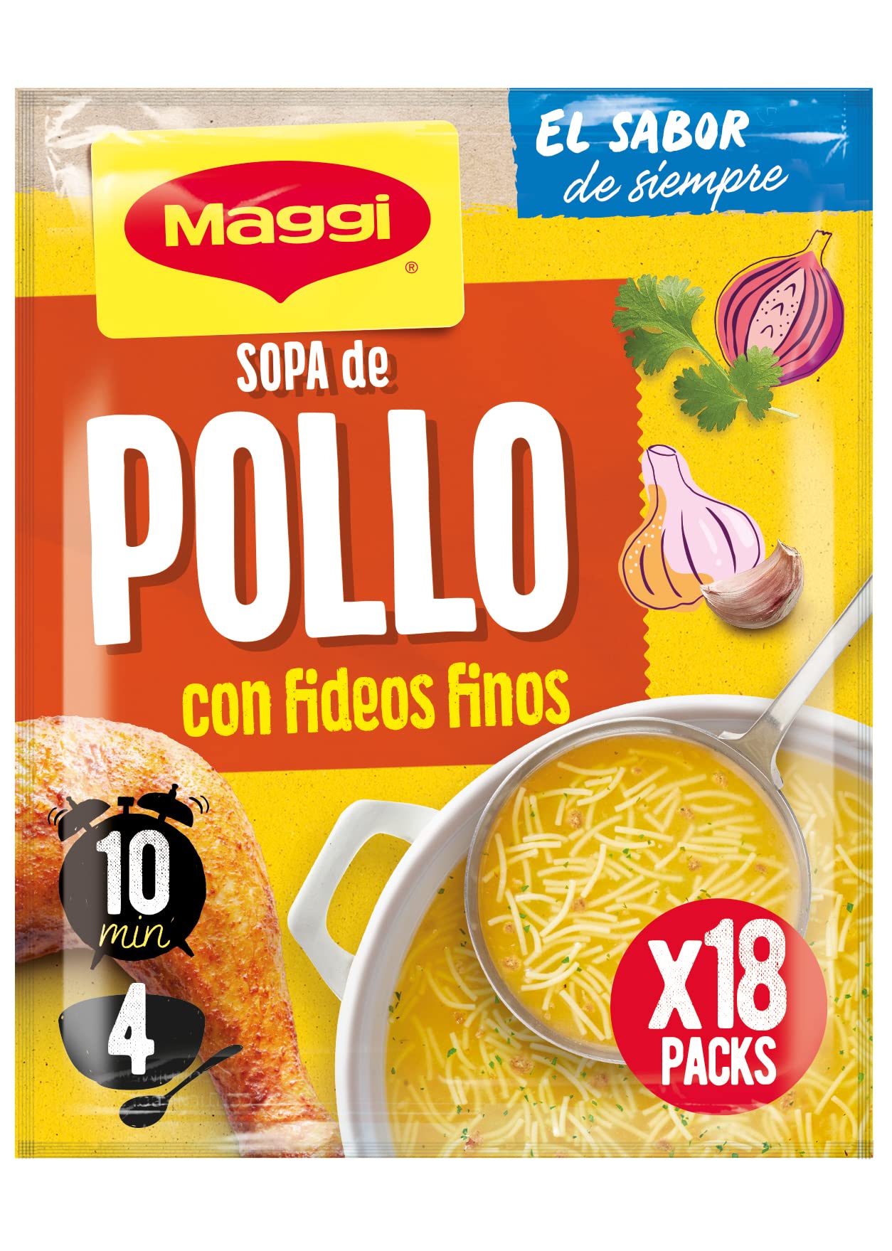 MAGGI Sopa de Pollo con Fideos Finos - Sopa Deshidratada - Pack de 18 x 82g (4 raciones por sobre) - 3
